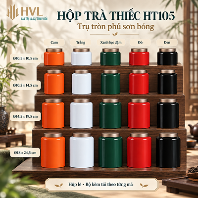 Hộp trà thiếc trụ tròn sơn bóng Thủy Mặc