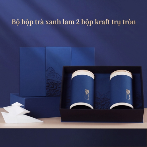 Bộ Hộp Trà Quà Tặng HT55 Xanh Lam - 2 Hũ Kraft Trụ Tròn Sang Trọng