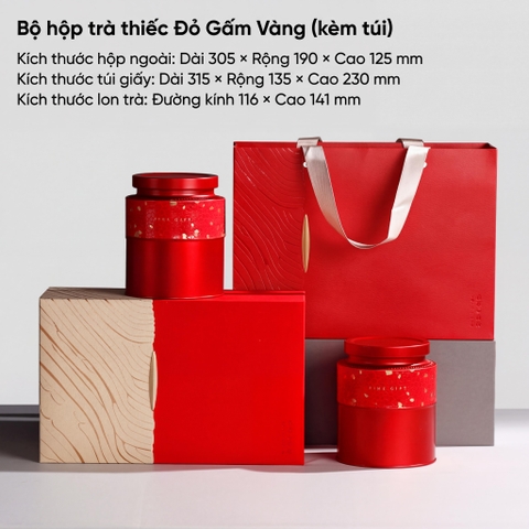 Bộ Hộp Trà Thiếc Đỏ Gấm Vàng (Kèm Túi) HT87 Sang Trọng | Bao Bì HVL