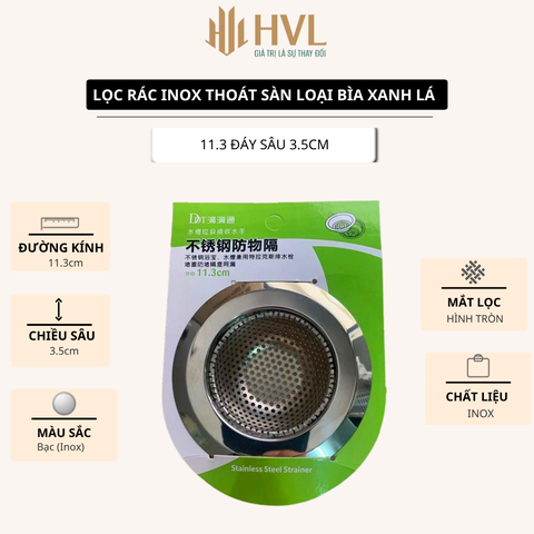 lọc rác inox thoát sàn loại bìa xanh lá cây -11.3 đấy sâu 3.5 cm