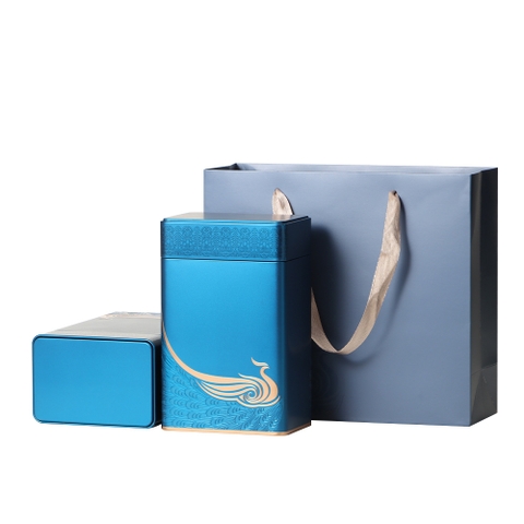 Bộ 2 Hộp Trà Thiếc Hình Chữ Nhật Cao Viền Ngang Họa Tiết Phượng Vân Kèm Túi Quà - Màu Đỏ & Xanh Sang Trọng