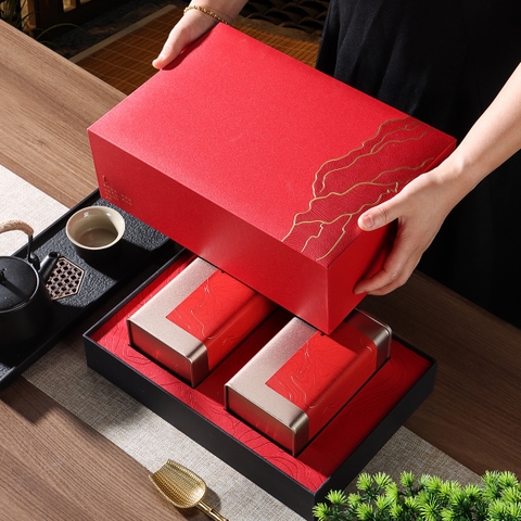 Bộ hộp trà thiếc Mạch Vàng 3 màu đỏ xanh xám – quà tặng trà HVL