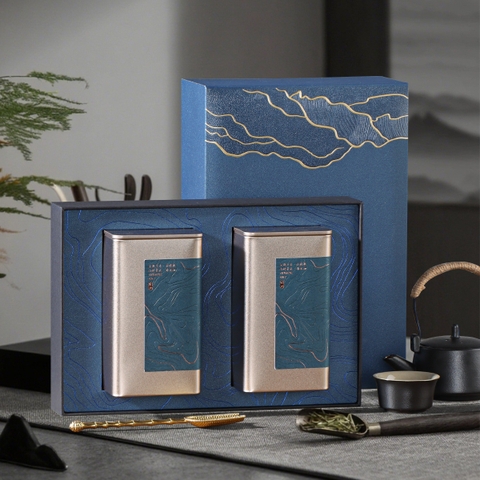 Bộ hộp trà thiếc Mạch Vàng 3 màu đỏ xanh xám – quà tặng trà HVL