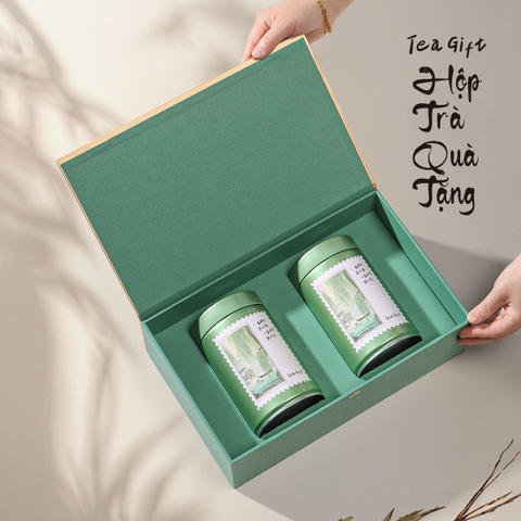 Bộ Hộp Trà Trụ Tròn Hoạ Tiết Lá Trà Cao Cấp