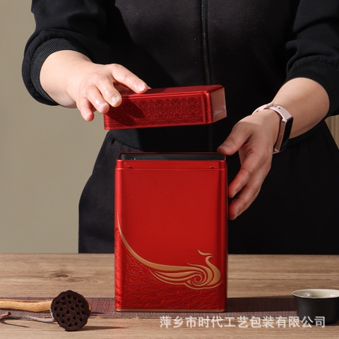 Bộ 2 Hộp Trà Thiếc Hình Chữ Nhật Cao Viền Ngang Họa Tiết Phượng Vân Kèm Túi Quà - Màu Đỏ & Xanh Sang Trọng