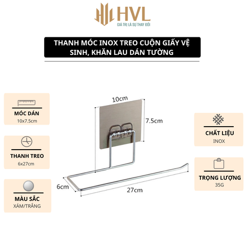 Thanh móc inox treo cuộn giấy vệ sinh, khăn lau dán tường
