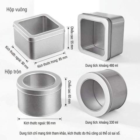 Hộp Thiếc Nắp Trong Suốt Hình Vuông Và Tròn - Màu Bạc Sang Trọng