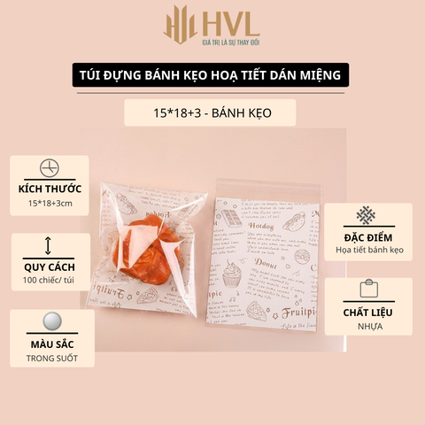 Bao Bì Đựng Bánh Kẹo Trong Suốt, Dán Miệng, 21x15