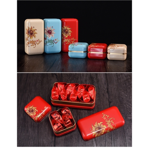 Hộp thiếc đựng trà cạnh tròn hoạ tiết hoa - HVL TEA