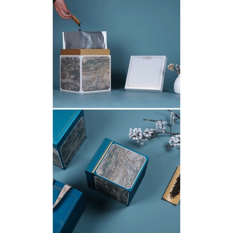 Hộp đựng trà giấy vuông kèm túi hoạ tiết thời cổ đại - HVL TEA