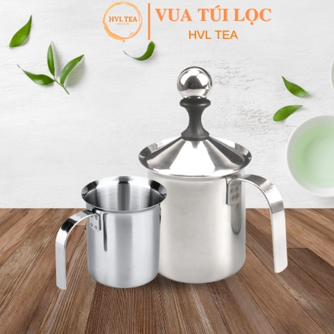 Ca đánh sữa tạo bọt inox 2 lớp có nắp cao cấp 400ml - 800ml - HVL TEA
