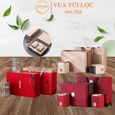 Bộ hộp trà gỗ hoạ tiết kèm túi xách - HVL TEA
