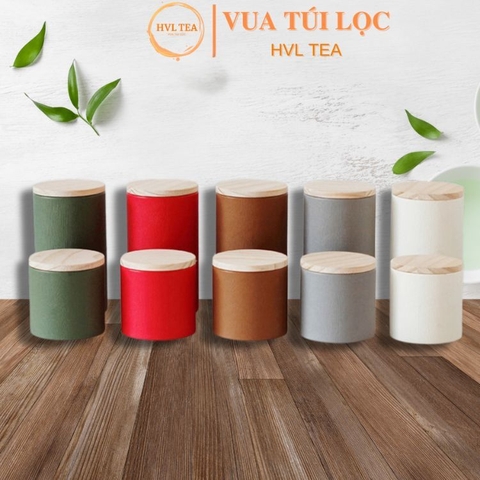 Hộp trà giấy kraft tròn nắp gỗ mẫu mới - HVL TEA