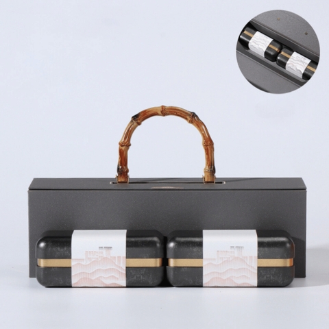 Bộ hộp trà có tay cầm gỗ hộp cạnh tròn cao cấp, sang trọng - HVL TEA