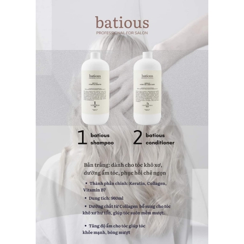 BATIOUS SHAMPOO+CONDITIONER / DẦU GỘI, DẦU XẢ DÀNH CHO TÓC KHÔ XƠ, DƯỠNG ẨM TÓC, PHỤC HỒI CHẺ NGỌN ( BẢN TRẮNG)