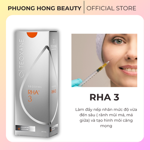 TEOXANE TEOSYAL RHA 3 / FILLER ĐIỀU TRỊ CÁC NẾP NHĂN TRÊN MẶT NHƯ NẾP GẤP MŨI MÁ, NẾP NHĂN, NẾP NHĂN DỌC MÔI, NẾP NHĂN SÂU, NÂNG GÒ MÁ VÀ PHỤC HỒI HÌNH DẠNG KHUÔN MẶT