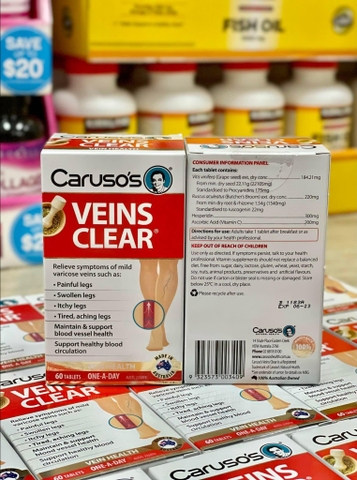 VIÊN UỐNG - KEM GIẢM ĐAU  HỖ TRỢ SUY GIÃN TĨNH MẠCH CARUSOS VEINS CLEAR CỦA ÚC