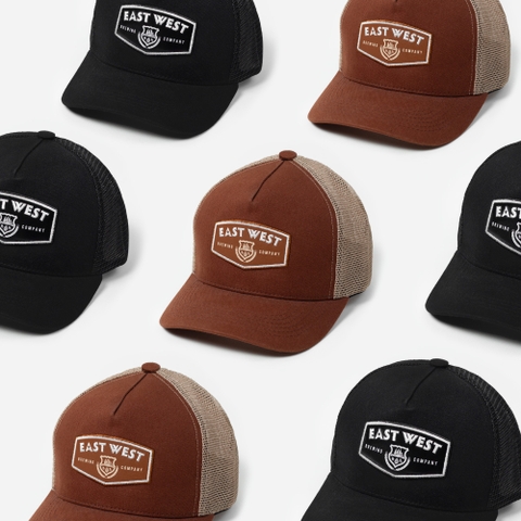 Dự án Nón trucker đồng phục patch da kết hợp thêu & in East West Brewing theo yêu cầu