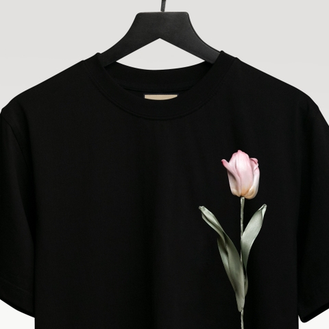 Áo Thun Thêu Ruy Băng Thủ Công - Hoa Tulip Hồng Tô Màu Nước