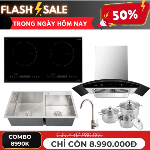Combo bếp từ, hút mùi kính cong, chậu rửa bát 2 hố