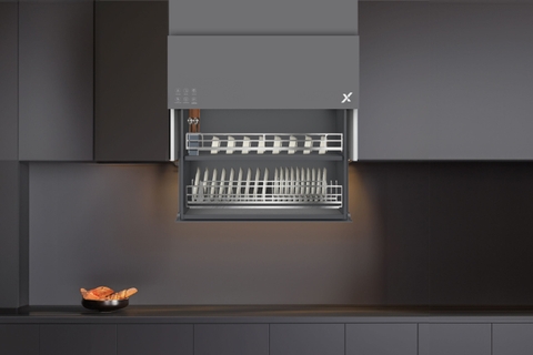 Giá úp bát nâng hạ điện thông minh GrandX Rổ Inox SUS304  mạ bóng Crom