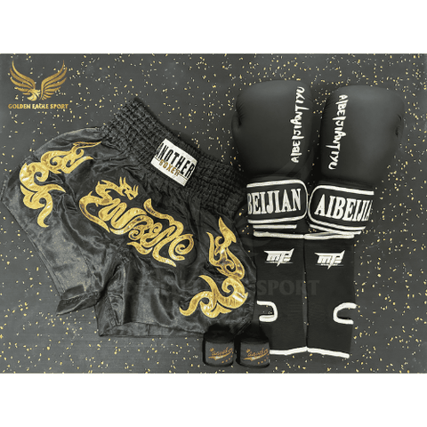 COMBO TẬP BOXING CƠ BẢN GĂNG BOXING + BĂNG ĐA + QUẦN MUAY + TẤT BẢO VỆ - ĐEN