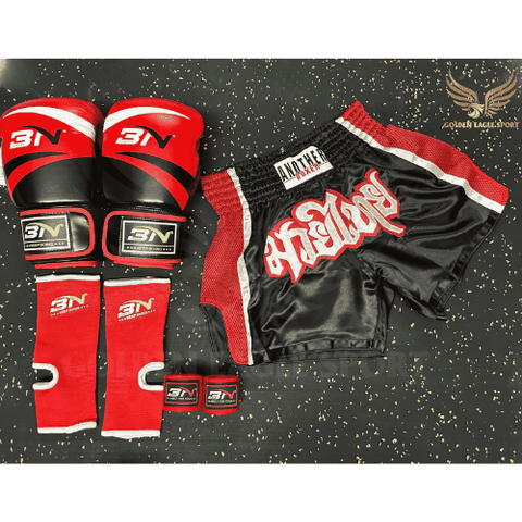 COMBO TẬP BOXING CƠ BẢN GĂNG BOXING + BĂNG ĐA + QUẦN MUAY + TẤT BẢO VỆ - ĐỎ
