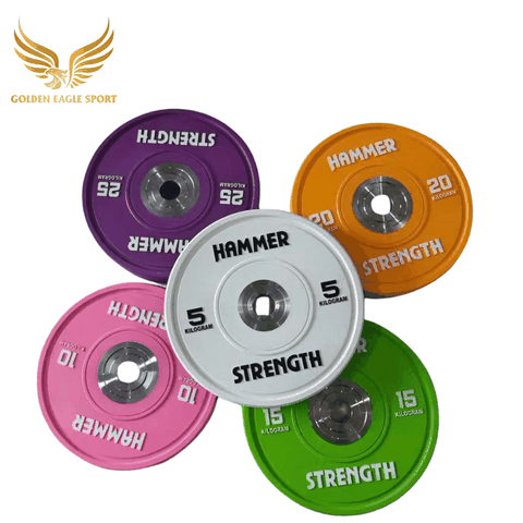 Tạ bánh cao su lõi thép nhỏ Hammer Strength cao cấp lỗ 50 nhập khẩu (set 5-25kg)