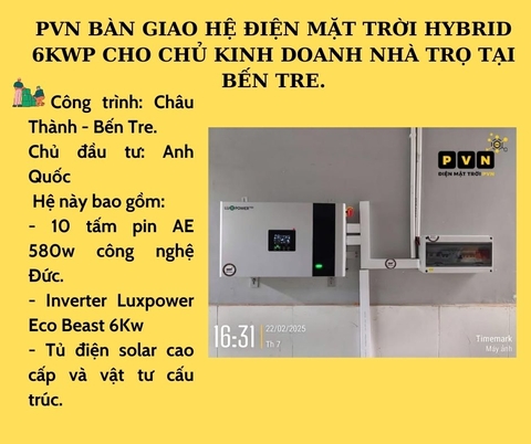 PVN BÀN GIAO HỆ ĐIỆN MẶT TRỜI HYBRID 6KWP CHO CHỦ KINH DOANH NHÀ TRỌ TẠI BẾN TRE