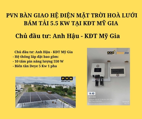 PVN BÀN GIAO HỆ ĐIỆN MẶT TRỜI HOÀ LƯỚI BÁM TẢI 5.5 KW TẠI KĐT MỸ GIA