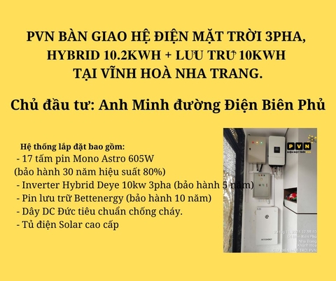 PVN BÀN GIAO HỆ ĐIỆN MẶT TRỜI DÀNH CHO BIỆT THỰ CÓ THANG MÁY 3PHA, 𝐇𝐘𝐁𝐑𝐈𝐃 𝟏𝟎.𝟐𝐊𝐖𝐇 + 𝐋𝐔̛𝐔 𝐓𝐑𝐔̛̃ 𝟏𝟎𝐊𝐖𝐇 TẠI VĨNH HOÀ NHA TRANG.