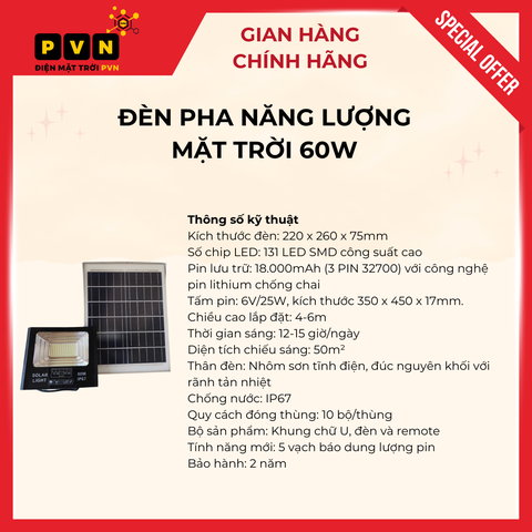 Đèn Pha Năng Lượng Mặt Trời 60W - Sáng Suốt Đêm