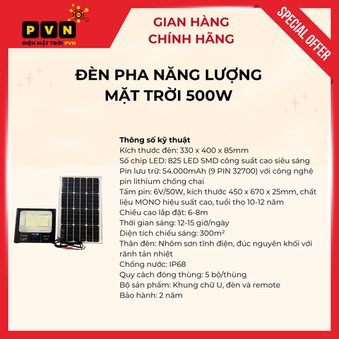 Đèn Pha Năng Lượng Mặt Trời 500W - Sáng Suốt Đêm
