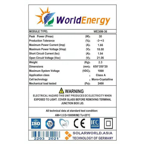 Thông số tấm pin năng lượng mặt trời Mono World Energy (WE30W)