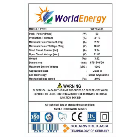 Thông số Tấm pin năng lượng mặt trời Mono World Energy (WE50W)