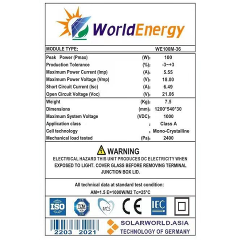 Thông số Tấm pin năng lượng mặt trời Mono World Energy (WE100W)