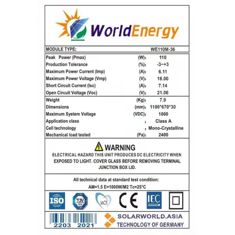 Thông số Tấm pin năng lượng mặt trời Mono World Energy (WE110W)
