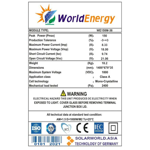 Thông số Tấm pin năng lượng mặt trời Mono World Energy (WE150W)