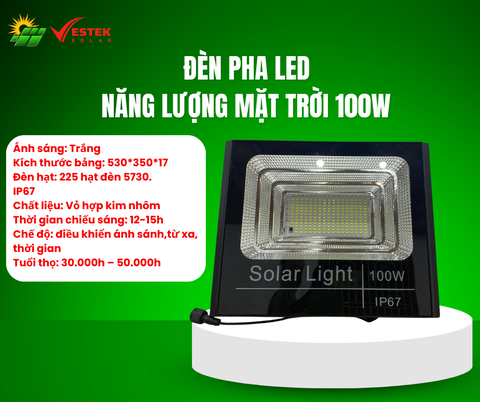 Đèn Pha Led Năng Lượng Mặt Trời 100W ( Vỏ Nhôm )