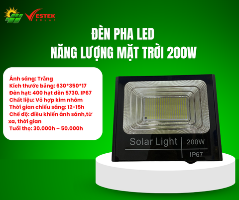 Đèn Pha Led Năng Lượng Mặt Trời 200W ( Vỏ Nhôm )