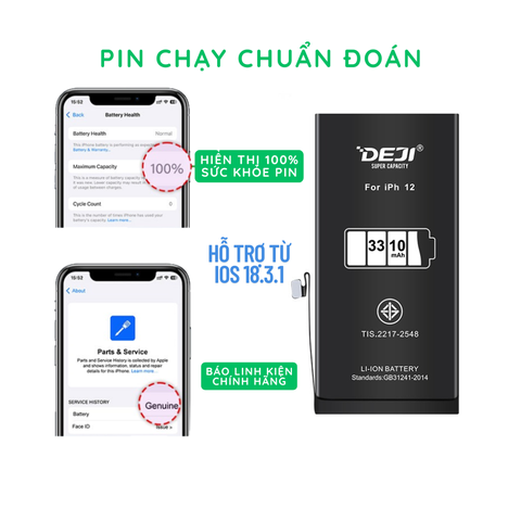 [Chạy chuẩn đoán] Pin iPhone 12 / 12 Pro Dung lượng cao 3310mAh Deji