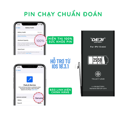 [Chạy chuẩn đoán] Pin iPhone 13 Mini Dung lượng cao 2550mAh Deji