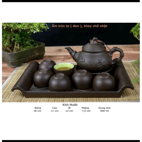 Ấm chén tử sa khắc Bát Tràng kèm khay chữ nhật