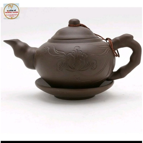 Bộ ấm chén tử sa bát tràng khắc hoa khay lá rất đẹp