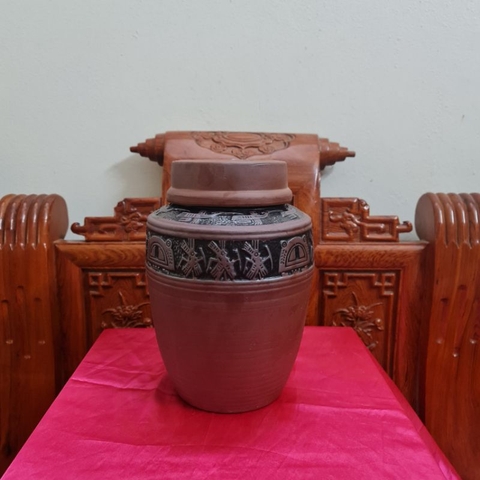 Chum sành ngâm rượu Bát Tràng 5 Lít hàng Cao Cấp Đắp Nổi Họa tiết Trống Đồng