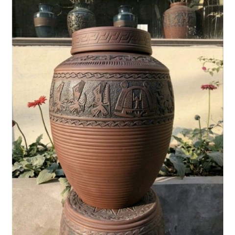 Chum sành ngâm rượu Bát Tràng 30L hàng Cao Cấp Đắp Nổi Họa tiết Trống Đồng