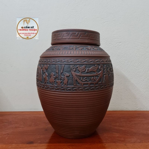 Chum sành ngâm rượu Cao Cấp Bát Tràng ⚡️BAO BỂ VỠ⚡️ 30 Lít  Đắp Nổi Họa tiết Trống Đồng
