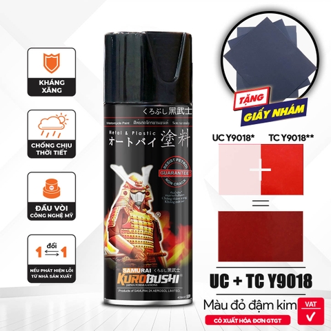 COMBO Sơn xịt Samurai Kurobushi - MÀU ĐỎ ĐẬM KIM LOẠI Yamaha UC+ TCY9108 (400ml) chuyên dùng cho xe máy