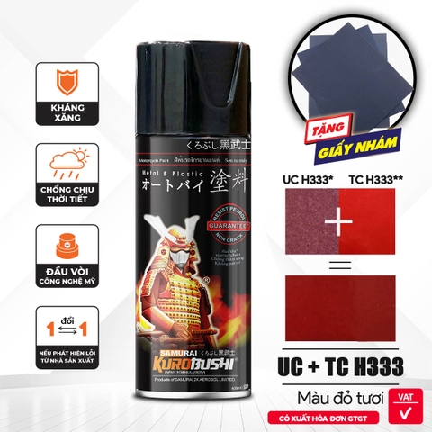 COMBO Sơn xịt Samurai Kurobushi - màu đỏ tươi Honda UC+ TC H333 chuyên dùng cho xe máy