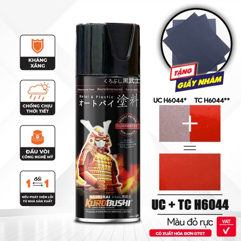 COMBO Sơn xịt Samurai Kurobushi - Màu đỏ rực Honda UC+ TC H6044 (400ml) chuyên dùng cho xe máy